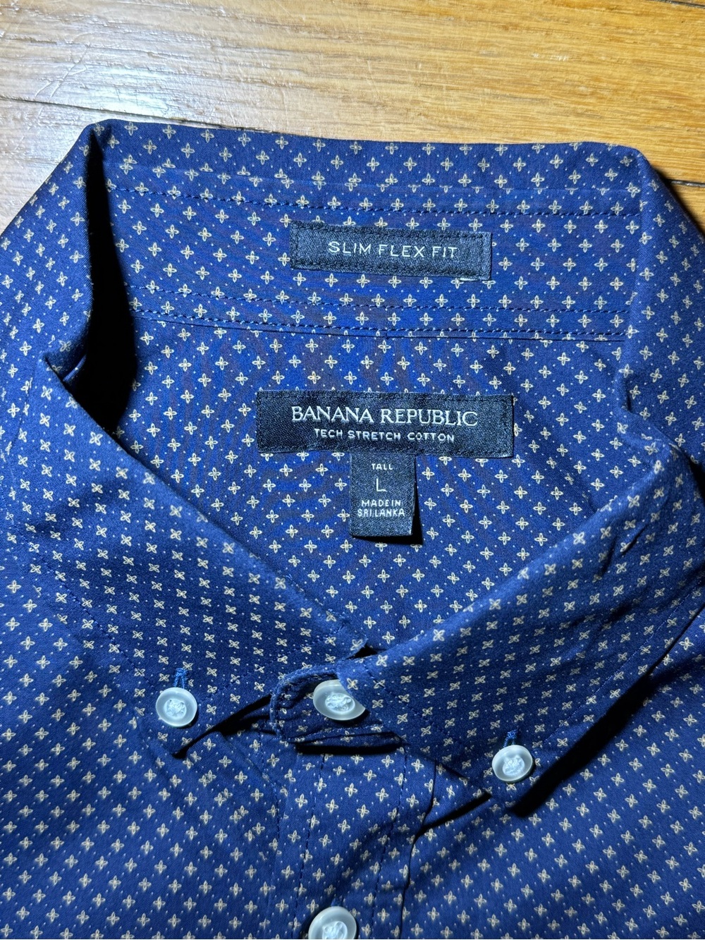 Banana Republic Men's Navy Dotted Slim Flex Fit Dress Shirt Large Tall LT